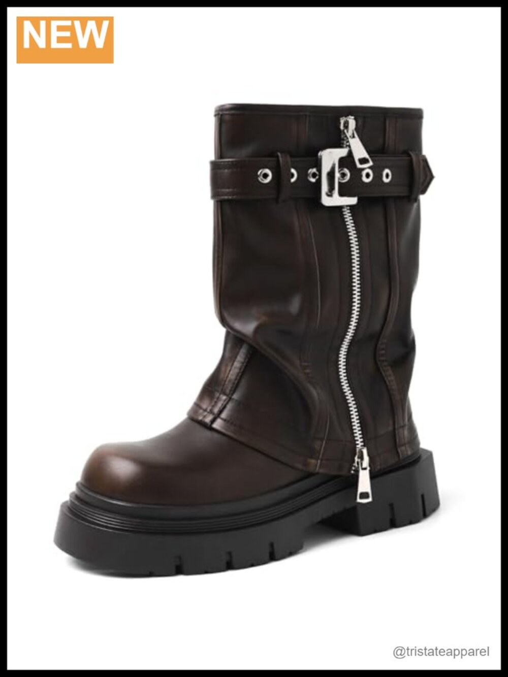 Fold Over Mid Calf Motorcycle Boots Square Toe Chunky Heel Platform Zipper